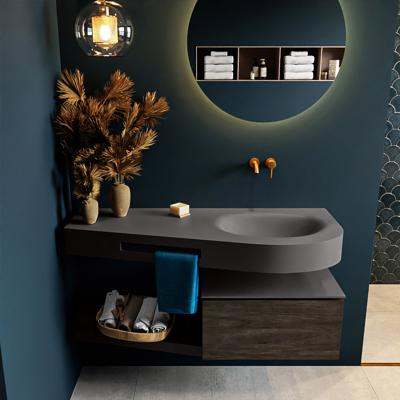 MONDIAZ RIVA 120cm badmeubel onderkast / planchet kleur Dark_Brown met 1 lade. Wastafel DULCET rechts 0 kraangaten kleur Dark_Grey.