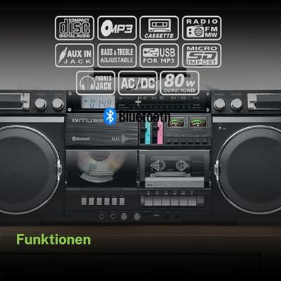 Muse M-380GB - Ghettoblaster met, FM, CD, cassette, USB, SD, 80 Watt Muse M-380GB - Ghettoblaster met, FM, CD, cassette, USB, SD, 80 Watt