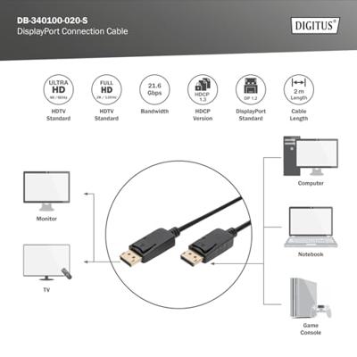 Digitus DB-340100-020-S DisplayPort-kabel DisplayPort Aansluitkabel DisplayPort-stekker, DisplayPort-stekker 2.00 m Zwart Rond, Afgeschermd (dubbel)