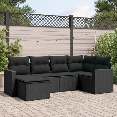7-delige Loungeset met kussens poly rattan zwart
