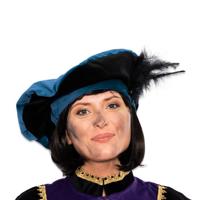 Pietbaret fluweel met veer blauw/zwart - thumbnail