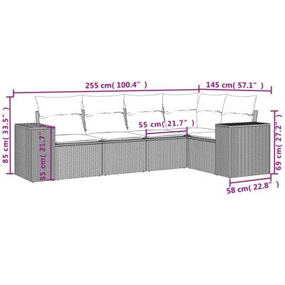 5-delige Loungeset met kussens poly rattan grijs