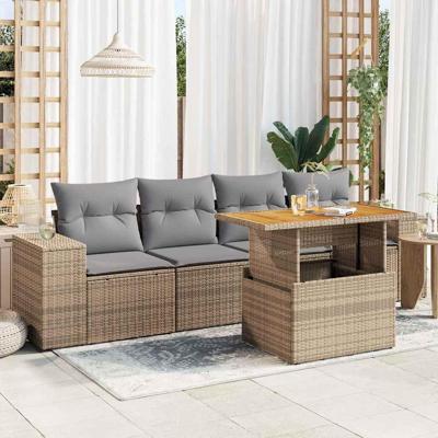 5-delige Loungeset met kussens poly rattan beige