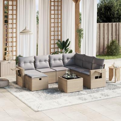 8-delige Loungeset met kussens poly rattan gemengd beige
