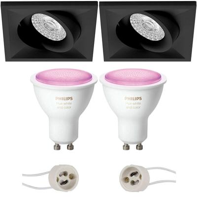 Pragmi Qiundo Pro - Inbouw Vierkant - Mat Zwart - Kantelbaar - 80mm - Philips Hue - LED Spot Set GU10 - White and Color Ambiance - Bluetooth
