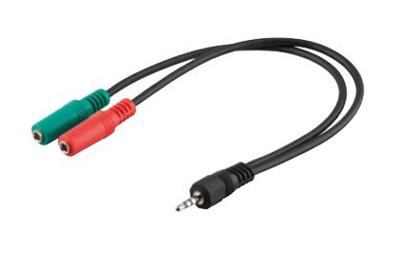 Goobay 50467 Adapter voor hoofdtelefoon, 1 x 3,5 mm AUX 4-polig naar 2 x 3,5 mm AUX 3-polig, zwart, 0,3 m kabellengte