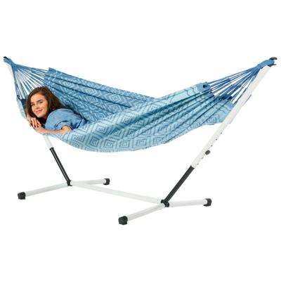 Eenpersoons hangmat met metalen standaard - 300x140cm - Blauw - 120kg draagkracht- 100% katoen - binnen & buiten