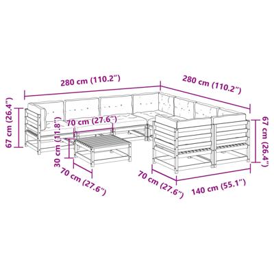9-delige Loungeset met kussens massief grenenhout wasbruin - thumbnail