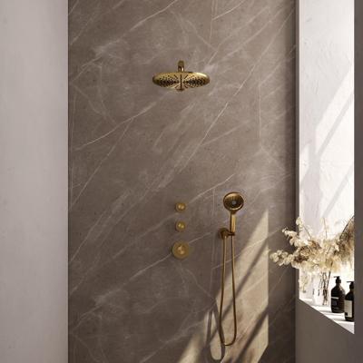 Brauer Gold Carving Thermostatische Regendoucheset Inbouw - Hoofddouche 30 cm - Rechte Wandarm - Handdouche 3 Standen - Doucheslang - Wandaansluitbocht - Geborsteld Goud