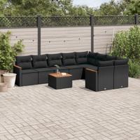 10-delige Loungeset met kussens poly rattan zwart - thumbnail