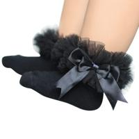 3 paar Bow Lace sokken Baby katoen Ankle sokken maat: S (zwart) - thumbnail