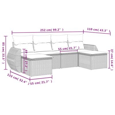 6-delige Loungeset met kussens poly rattan zwart