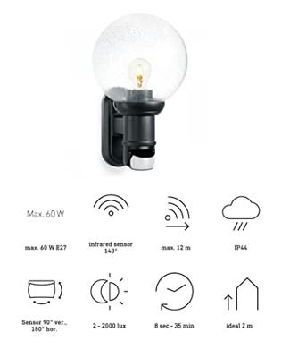 Steinel AUSSENLEUCHTE L 560 S SW 634216 Buitenlamp met bewegingsmelder (wand) LED E27 60 W Zwart