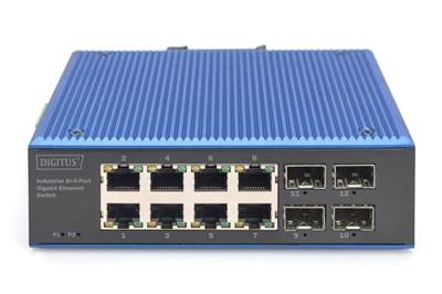 DIGITUS Netwerk Switch - 12-poorts Gigabit Ethernet - 8x RJ45 + 4x SFP - IP40 - 10/100/1000 Mbit/s - DIN rail montage - industriële serie - zwart/blauw