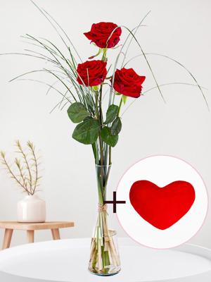 Drie rode rozen inclusief vaas en hartjes knuffel - Valentijnsdag