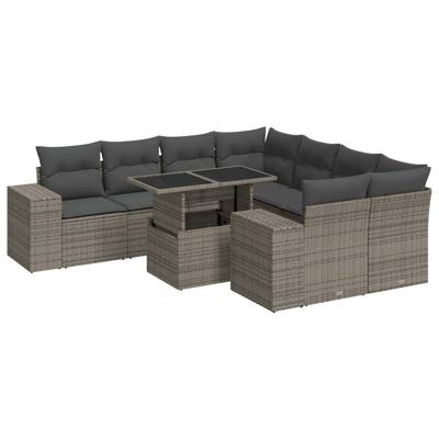 9-delige Loungeset met kussens poly rattan grijs