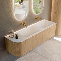 Mondiaz KURVE 155 cm Onderkast Greeploos 2 Lades Met Deuren Oak, Wastafel Solid Surface Rechts Talc 0 Kraangaten Zonder Spiegel (KRVCLO155L2L1D0KD-Oak/Tal) - thumbnail