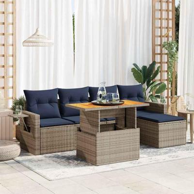 6-delige Loungeset met kussens poly rattan grijs