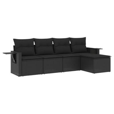 5-delige Loungeset met kussens poly rattan zwart