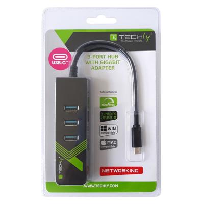 TECHLY 105810 Adapter USB-C™ Ethernet Gigabit met hub 3 poorten USB-A 3.0, zwart