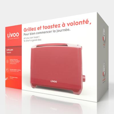 Broodrooster voor 2 sneetjes - LIVOO - DOD162RC - 750 W - Instelbare thermostaat: 7 standen - Rood