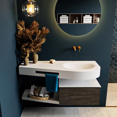 MONDIAZ RIVA 120cm badmeubel onderkast / planchet kleur Dark_Brown met 1 lade. Wastafel DULCET rechts 0 kraangaten kleur Talc.