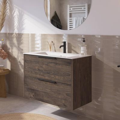 Saqu Lima badmeubel incl. glans witte keramische wastafel 80x46x61cm kasteel bruin - mat zwarte greep Saqu Lima badmeubel incl. glans witte keramische wastafel 80x46x61cm kasteel bruin - mat zwarte greep