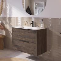 Saqu Lima badmeubel incl. glans witte keramische wastafel 80x46x61cm kasteel bruin - mat zwarte greep - thumbnail