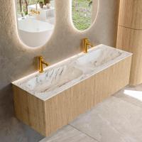 Mondiaz KURVE-DLUX 140 cm Onderkast Greeploos 2 Lades Zonder Deuren Oak, Wastafel Solid Surface Dubbel Glace 2 Kraangaten Zonder Spiegel (KRVSTS1402L0D2KD-Oak/Gla) - thumbnail