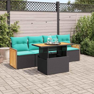 5-delige Loungeset met kussens poly rattan acacia zwart