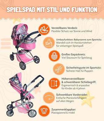 Combi-poppenwagen Mika - Flowers Lila