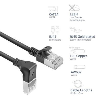 ACT Zwarte 1.5 meter U/FTP CAT6A LSZH Slimline patchkabel met RJ45 connectoren recht naar 90° haaks - thumbnail