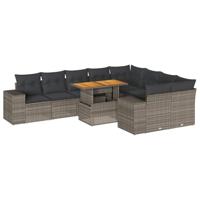 10-delige Loungeset met kussens poly rattan acacia grijs - thumbnail