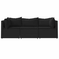 3-delige Loungeset met kussens poly rattan zwart - thumbnail