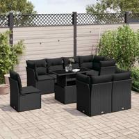 9-delige Loungeset met kussens poly rattan zwart - thumbnail