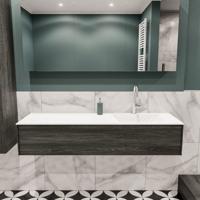 Mondiaz Lush Cloud badmeubel eiken Dark brown 150 cm 1 lade solid surface enkele spoelbak rechts 1 kraangat - thumbnail