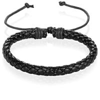 Heren Armband Gevlochten Leer Zwart Verstelbaar - thumbnail