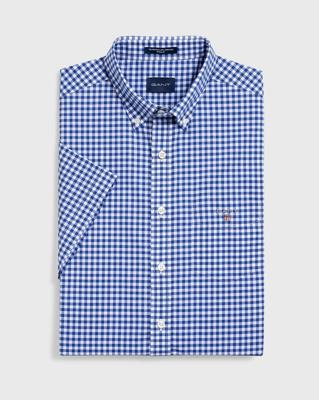 GANT Overhemd Blauw Geruit Korte Mouw Button Down Regular Fit