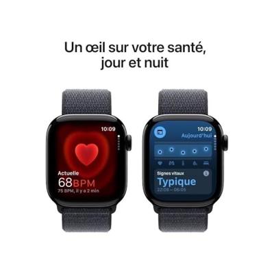Apple Watch Series 10 (GPS 42 mm) Smartwatch - Kast van gitzwart aluminium - Inkt geweven sportbandje. Conditie bijhouden, Ecg-app, always on Retina-display, CO₂-neutraal