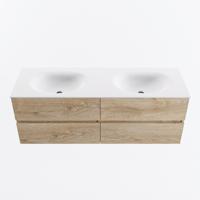 MONDIAZ VICA 140cm badmeubel onderkast Washed Oak 4 lades. Wastafel MOON dubbel 2 kraangaten, kleur Talc. - thumbnail