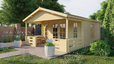 Blokhut Heino 450x380 cm + luifel 200 cm - Grijs geïmpregneerd- Zadeldak- Geïmpregneerd vurenhout- Tuindeco