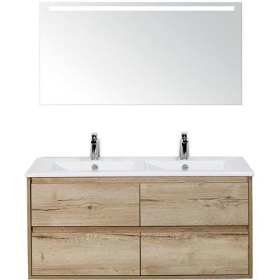 Porto Badmeubelset 120 cm - 4 Laden Natuur Eiken - Keramische Wastafel Wit Slim met Sence Spiegel
