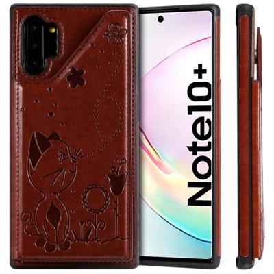 Voor Galaxy Note 10 plus Kat Bee reliëf patroon schokbestendige beschermende case met kaartsleuven & fotolijstjes (bruin) Voor Galaxy Note 10 plus Kat Bee reliëf patroon schokbestendige beschermende case met kaartsleuven & fotolijstjes (bruin)