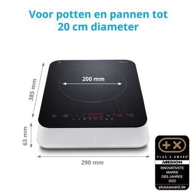 Inductiekookplaat - MEDION MD18490 - 1 pit - 2000W - 60/240°C - 8 programma's - L 29 x D 36 x H 6 cm - Wit/Zwart