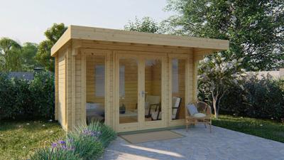 Tuindeco Whitegate Blokhut 400x280 cm + luifel 120 cm 70mm vuren blank- Plat dak- Onbehandeld vurenhout- Tuindeco