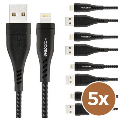 5x MOJOGEAR Apple Lightning naar USB kabel Extra Sterk [VOORDEELVERPAKKING]