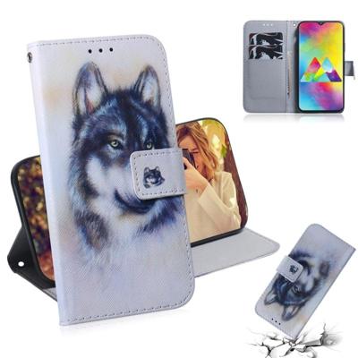 Witte Wolf patroon gekleurde tekening horizontale Flip lederen case voor Galaxy M20 met houder & card slots & portemonnee