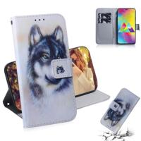 Witte Wolf patroon gekleurde tekening horizontale Flip lederen case voor Galaxy M20 met houder & card slots & portemonnee - thumbnail