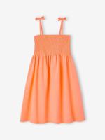 Meisjesjurk met smokwerk en schouderbandjes mandarijn - thumbnail