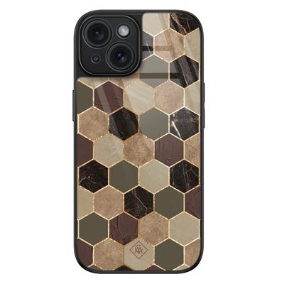 iPhone 15 glazen hardcase - Kubus bruin groen
